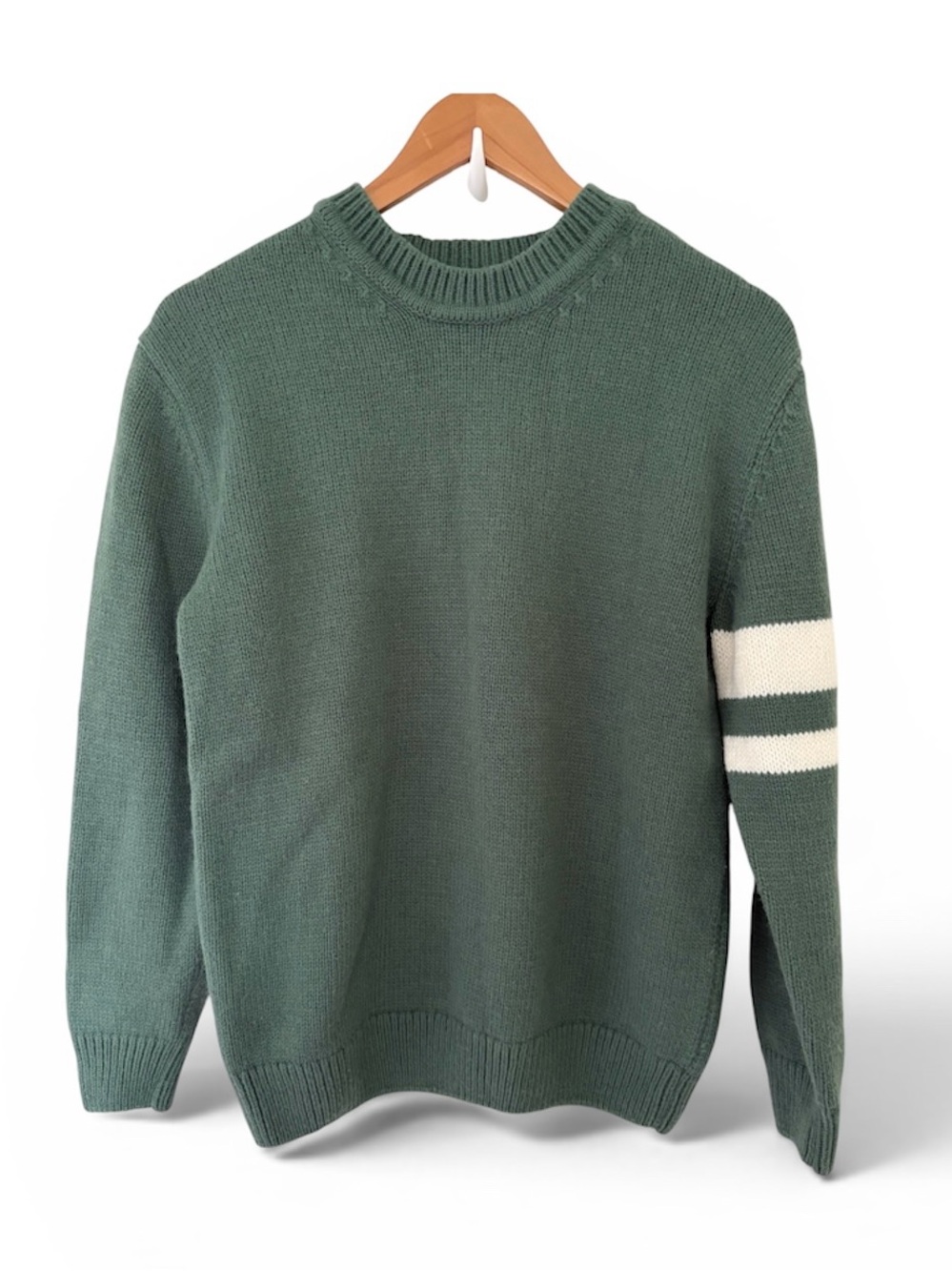 Zara Women’s Crewneck Sweater in Sage Green with White Sleeve Stripes